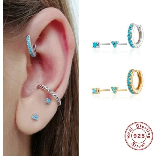 AIDE 3 Pcs/Set 925 Sterling Silver Ear Studs Hoop Earrings For Women Small Turquoise Earrings Ear Bone aros Tiny Ear aretes