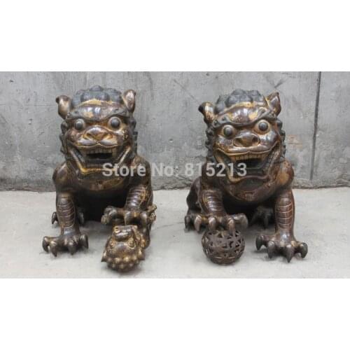 Bi0011785 Chinese Classical Bronze Copper FengShui Evil Fu Foo Dog Lion on Ball Pair