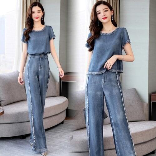 Summer Casual Vintage Woman Clothes , Womens Tassel Wide Leg Denim Trousers Set , Loose Short Sleeve Jeans Pants Sets for Women