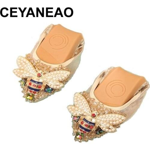 CEYANEAO Plus Size Designer Crystal Woman Flat Shoes Elegant Comfortable Lady Fashion Rhinestone Women Soft Bees Shoes A031-1