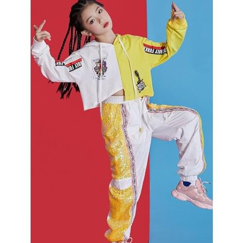 Children Jazz Dance Costumes Hip Hop Kids Long Sleeve Hooded Tops And Pants Girls Hiphop Clothes Street Dance Stage Show Wear