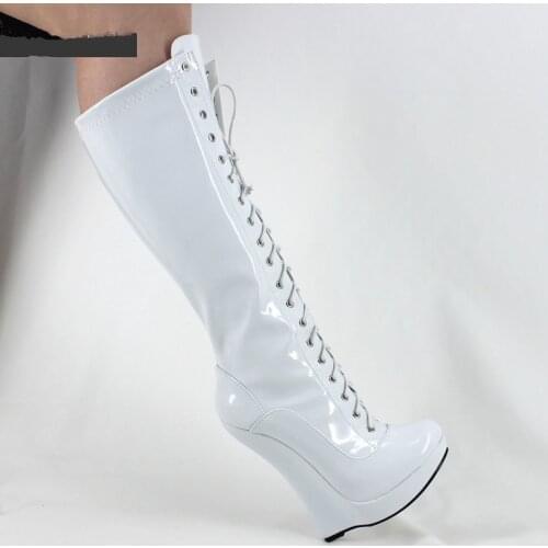 Women 18cm Ultra High Hoof Heels Lace Cross-Tied Lockable Padlocks Fetish Sexy Knee-High Boots