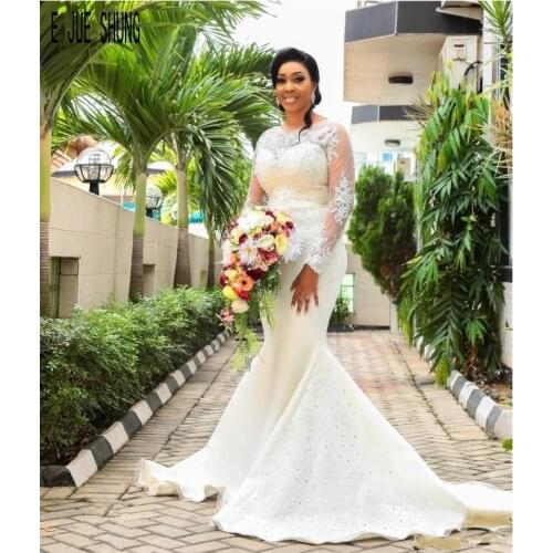 E JUE SHUNG Gorgeous African Mermaid Wedding Dresses Jewel Neck Long Sleeves Button Back Lace Appliques Beaded vestido de noiva