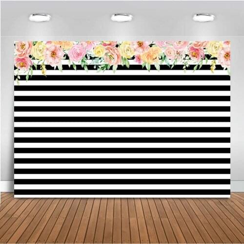 Photography Backdrops Black and White Stripe Background Pink Rose Flower Birthday Party Wedding Photo Studio Booth 7X5FT