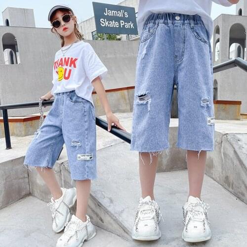 Summer Mid Waist Cotton Denim Shorts For Teen Girls Clothes New Arrivals Solid Color Fashion Half Pants 4 6 8 10 12 14 Years