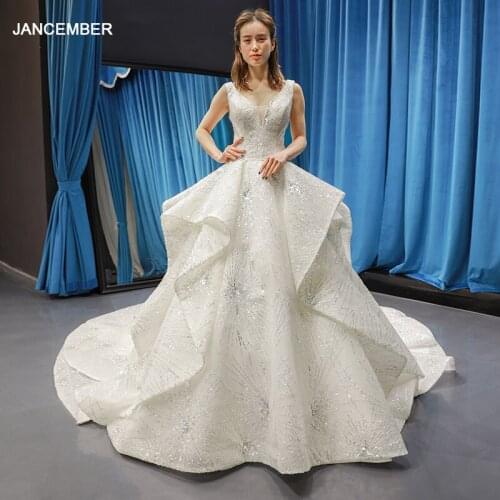 J66756 jancember luxury wedding dress with shiny sequin sexy v neck sleeveless bridal dress long train robe de mariée princesse