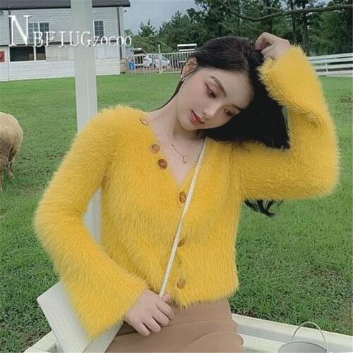 Yellow Blue White Color Mink Fluff Women Cardigan Sweater Long Sleeve Female Sweaters