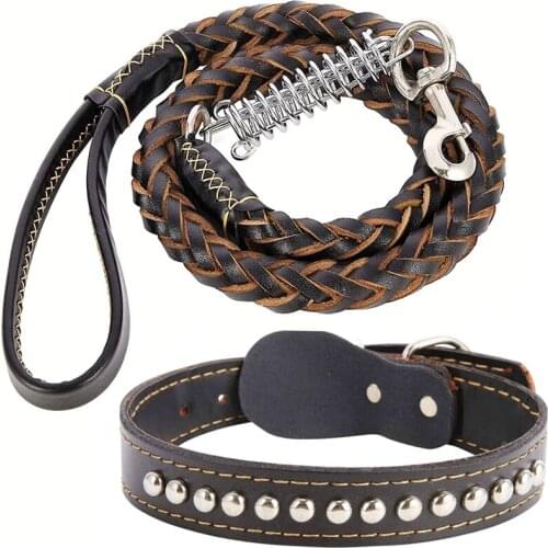 Leather Dog Collar and Leash Set Rivet Dog Collar Braided Heavy Duty Dog Training Leash with Buffer Spring for Medium Large Dogs