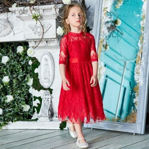 Red Dress Autumn Lace Dress Flower Long Sleeve Kids Princess Dresses for Girls Embroidery Wedding Party Childrens Clothing
