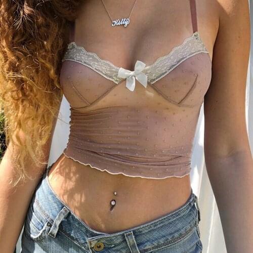 2021 Summer Transparent Sexy Crop Top Brown Lace Patched With Thin Strap Backless New Sleeveless V Neck Bow Mesh Cami Outfits