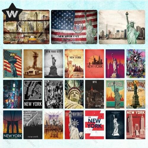 New York Metal Sign Statue of Liberty Poster Tin Sign Vintage Wall Art Wall Stickers Metal Plaque Plates for Man Cave Decoration
