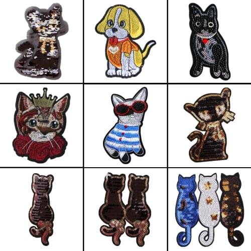 Cartoon Sequin Patch Cute Cat Dog Animal Decorative Badges Patches For Clothing Kids Ironing Applications Stickers And Decals