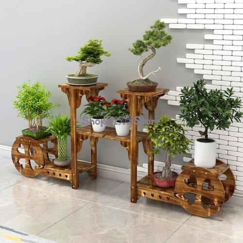 Flower shelf solid wood floor-standing living room balcony indoor green dill succulent flower pot stand anti-corrosion creative