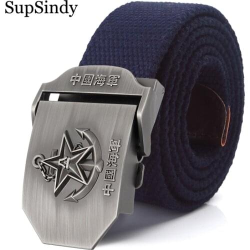 SupSindy Canvas belt Chinese navy 3D star Alloy buckle military men belt Army tactical belts for Men Top quality male strap Blue