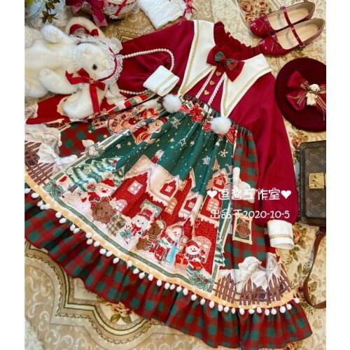 Christmas Snowman House Fur Ball Pendant Womens Lolita Long Sleeve Dress Red Festival Gift Cute Girl
