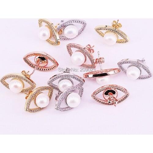 8Pairs Fashion jewelry micro pave cz eye shape pearl earring mix color plating zirconia stud earrings