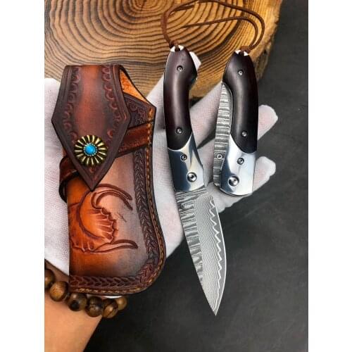 High quality Tactical 60HRC with Damascus Steel Folding Knife Sandal Wood Handle Folding Knife Survival Hunting Outdoor EDC Tool