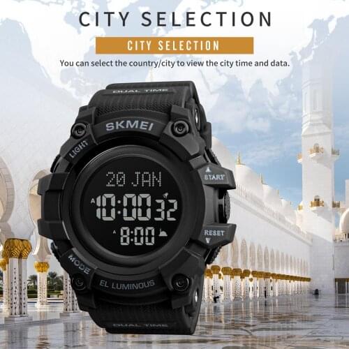 SKMEI Muslim LED Watch Qibla Time Reminder Nmane Display Qibla Compass Relibious Month/Day Wristwatch for Islamic Ramadan Gift