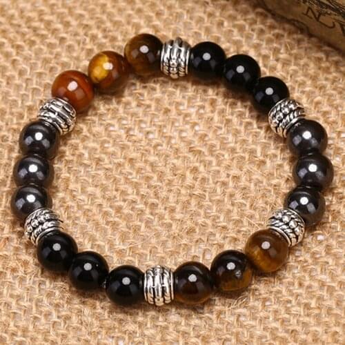 Unique Natural Tiger Eye Stone Mens Beaded Bracelet Men Stainless Steel Hematite & Black Obsidian Stone Magnet Bracelets Male