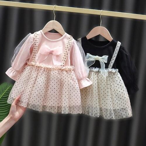 Sweet Spring Autumn Girls Kids Dress Dot Polka Outfits Long Sleeve Children Baby Infants Princess Bow Dresses Vestidos S12066