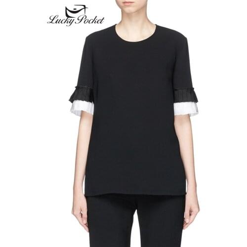 Women Summer O-Neck Cotton Patchwork Pleated Sleeve T-Shirt Female Solid Color Plus Size Tees Ladies Brand Casual Tops ZM155