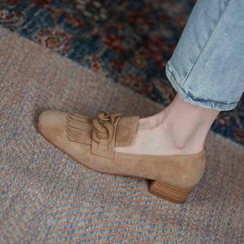 Women Genuine Leather Low Heel Loafers Square Toe Sheep Suede Chain Loafers Slip on Footwear Ladies Cozy Casual Shoes 2021 New