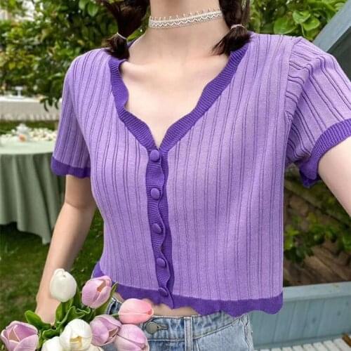 Women V-neck Knitted Short Sleeve Thin T-shirts Girls Knitting Large Elastic Loose Tshirt Tees Single-breasted Cardigans Tops