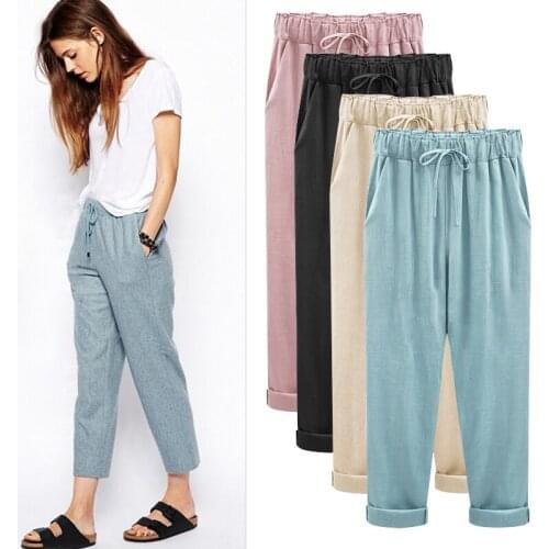 Plus Size M-8XL Women Summer Pants 2019 New Elastic Waist Thin Cotton and Linen Nine Pants Loose Wild Harem Pants Women Clothing