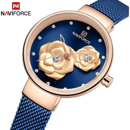 NAVIFORCE ladies watch top brand rose gold blue quartz ladies watch for girls Relogio Feminino dark blue color matching steel me