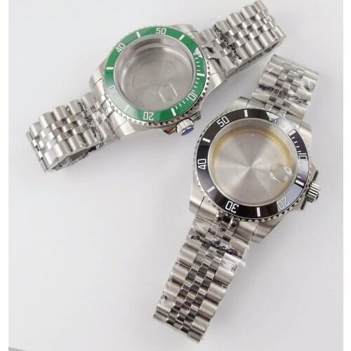 Sub Steel 40mm Watch Case for NH35 ETA 2836 MIYOTA 8215 Sapphire Glass Jubilee Bracelet Seeing/Mental Back Green Insert