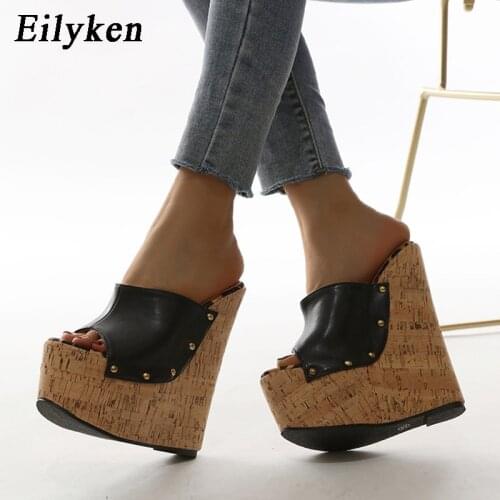 EilyKen Rivet Peep Toe Platform Wedge Slippers Black Summer Shoes Woman Sexy Super High Sandal Slippers Black 35-42 Mules