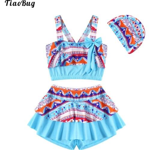TiaoBug Summer 3Pcs Kid Girls Boho Pattern Print Swimwear Straps Ruffle Trim Bowknot Adorned Crop Tops With Skirt And Hat Bikini
