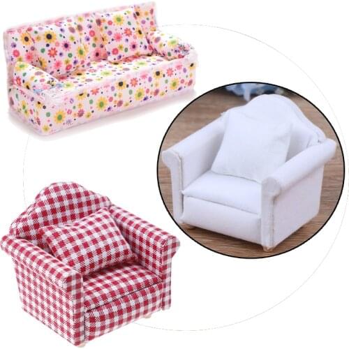 1:12 Doll house Furniture Dot plaid Flower Chair Sofa with pillow Sweet Furniture for doll house armchair Toys Gift