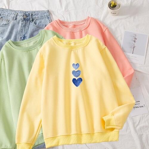 Cute Kpop Hoodies Women Autumn Winter Loose Fresh Sweet Sweatshirts Female Tumblr Blue Heart-shaped Butterfly Long Sleeve O Neck