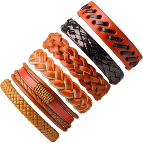 6pcs/set Hippie Punk Brown Orange Black Macrame Leather Cord Wrap Knot Layers Stackable Bracelets Set for Man Wrist Jewelry