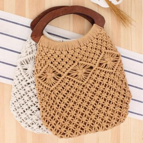 College style new handmade cotton rope net bag woven bag fashion retro portable hollow straw holiday beach bag