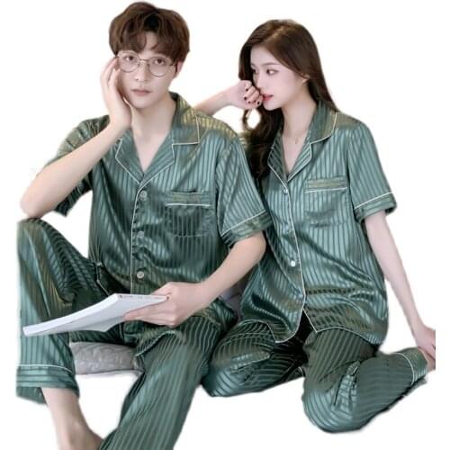 Couple Pajamas Women Men Summer Night Set Ice Silk Thin Satin Sexy loose 2021 New High Sense Of 2 PCS Pajama Short Sleeve