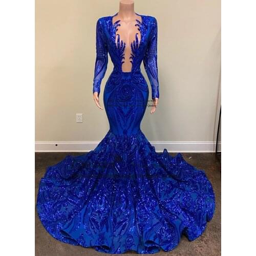 Long Sleeves Sequined Prom Dresses 2021 Mermaid Royal Blue for Black Girls Celebrity Sexy African Long Formal Evening Gowns