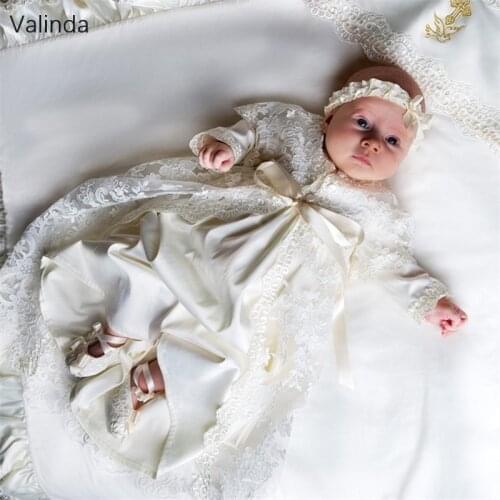 Baby Girl Christening Dresses Long Sleeves Lace Baby Baptism Gowns with Headpiece