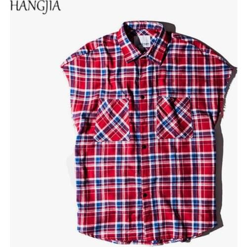 New Streetwear Flannel Lengthened Side Zipper Loose European and American Hip-Hop Sleeveless Plaid Shirt Men Tide