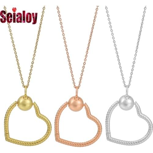 Seialoy 2021 New 3 Color Fashion Heart Necklace Fit Beads Charms Pendant Necklace Women Men Jewelry Boy Girls Lovers Gifts