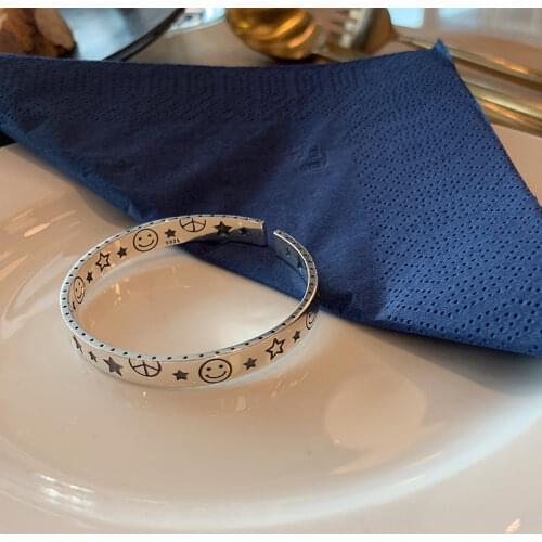 925 Sterling Silver Smiley Face Star Bangle for Women Men Open Cuff Bracelet Bangles Jewelry S-B488