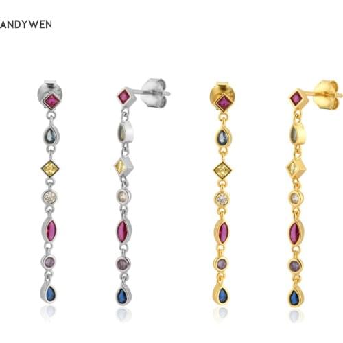 ANDYWEN 925 Sterling Silver Gold Rainbow 38cm Long Chain Drop Earring Women Fashion Fine Jewelry For Wedding Luxury Jewels