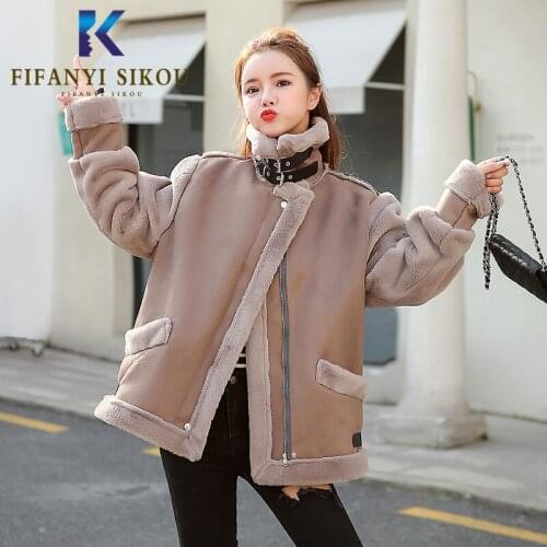 Suede Jacket Women Fashion Zipper Motorcycle Coat Thick Warm Faux Lambs Wool Jackets Female Winter Loose Leather Jacket 2020 New