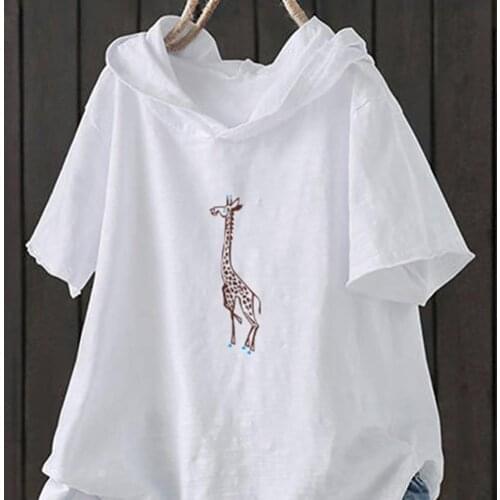 Women Casual Solid Color Short Sleeve Ripped Giraffe Print Loose T-shirt Hoodie