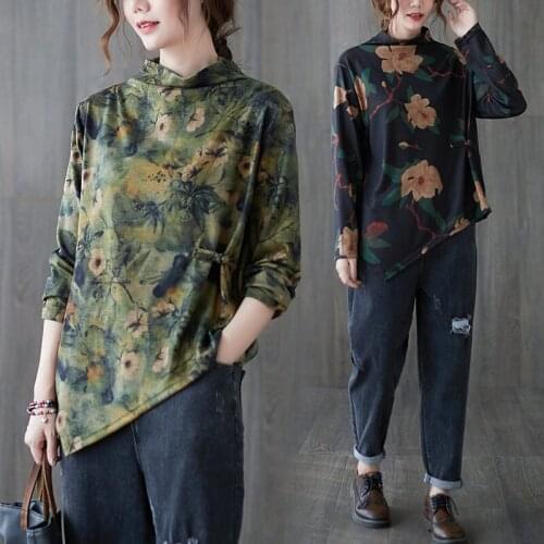 Art Retro Printed Half-High Collar Bottoming Shirt Women Autumn Side Buckle Irregular Long Sleeve T-Shirt Loose Top Blusa Y875