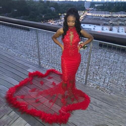 Mermaid Prom Dresses 2020 Women Formal Feathers Sequins Long Evening Dresses African Arabic Girls Dresses Abendkleider