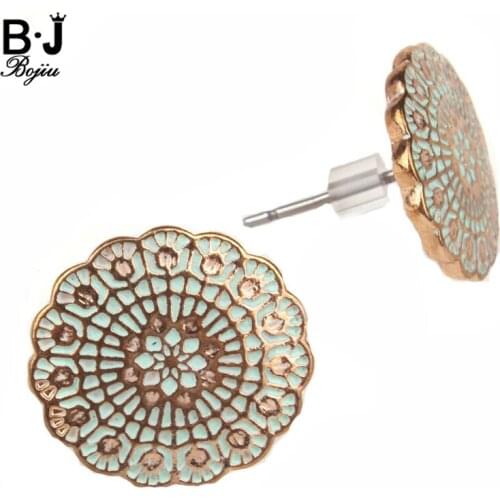 BOJIU Trendy Round Flower Colorful Enamel Alloy Stud Earrings For Women Retro Earring Vinatge Female Ear Studs Jewelry EA061