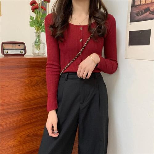 Woman Sweaters Square Collar Long Sleeve T-shirt Womens Autumn Winter Knitting Slim Top