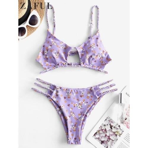 ZAFUL Ditsy Braided Cutout Bikini Set Bandage Swimwear Women Floral Print Tie Backless Swimsuit Sexy Female Brazilian Beachwear